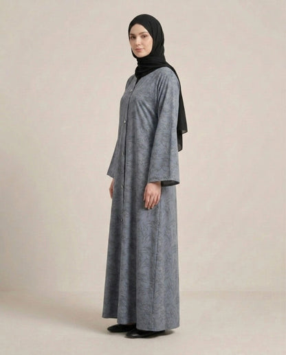 Imported Majestic Printed Light Grey Abaya - Front Open