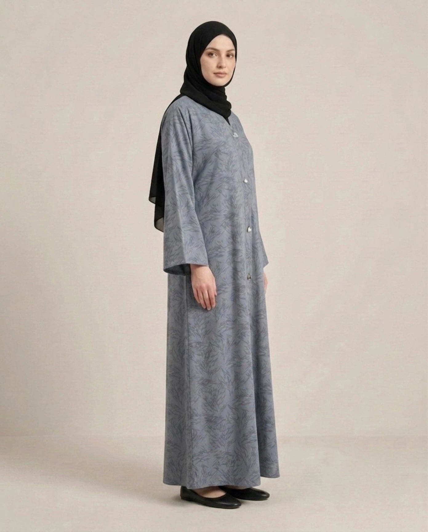 Imported Majestic Printed Light Grey Abaya - Front Open