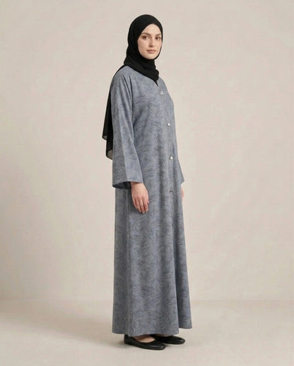 Imported Majestic Printed Light Grey Abaya - Front Open