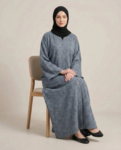 Imported Majestic Printed Light Grey Abaya - Front Open