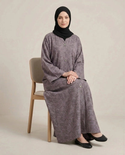 Imported Majestic Printed Wine Abaya - Front Open