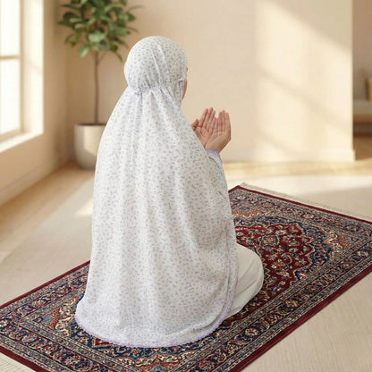 White and Purple Printed Cotton Namaz Makhna