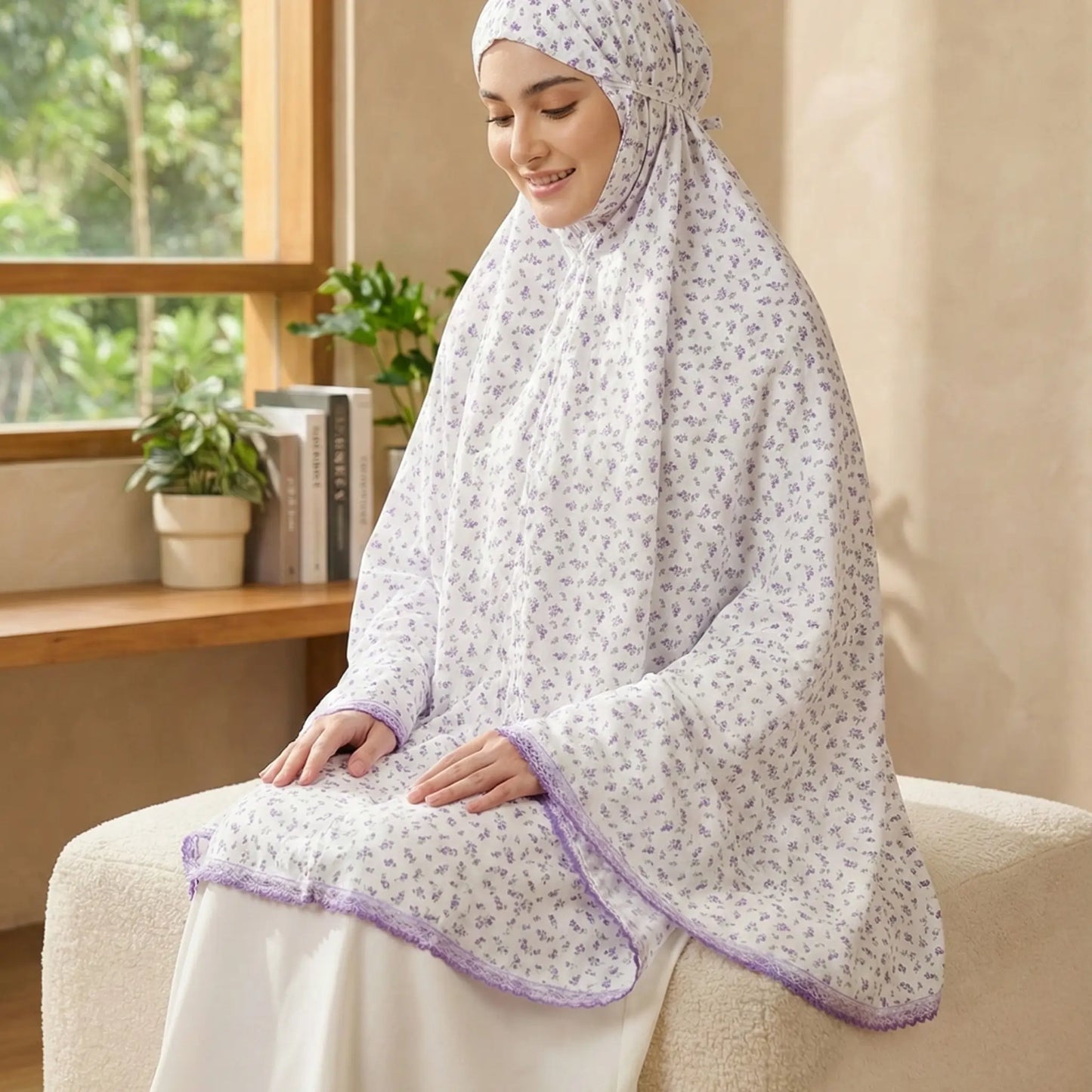 White and Purple Printed Cotton Namaz Makhna