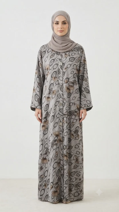 Imported Foil Print Self-Design Abaya - Front Open