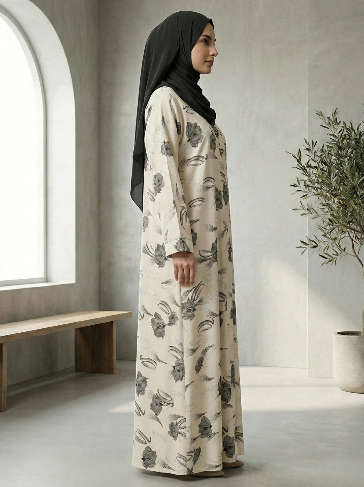 Dubai Imported White Self-Design Abaya - Front Closed