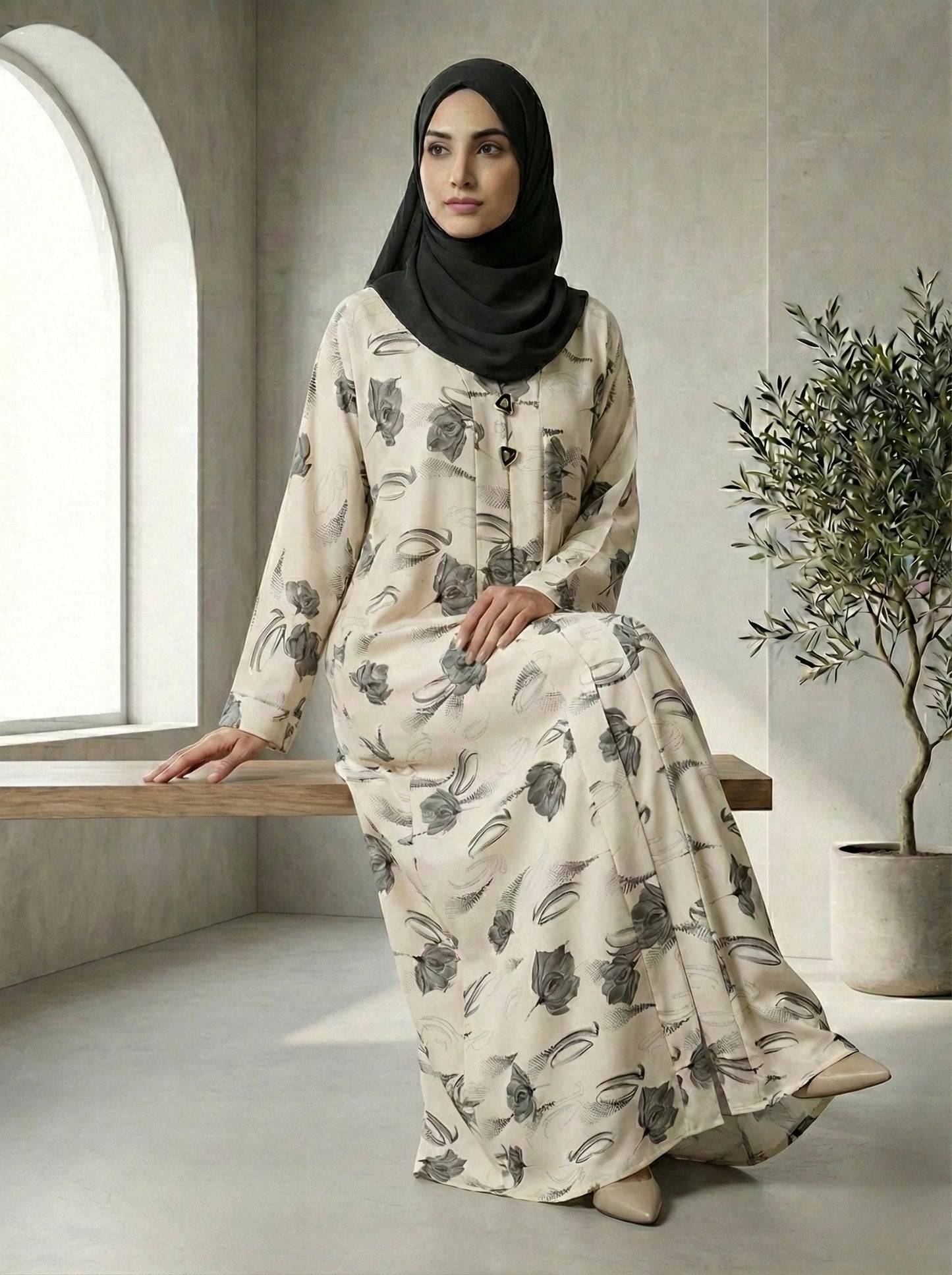 Dubai Imported White Self-Design Abaya - Front Closed