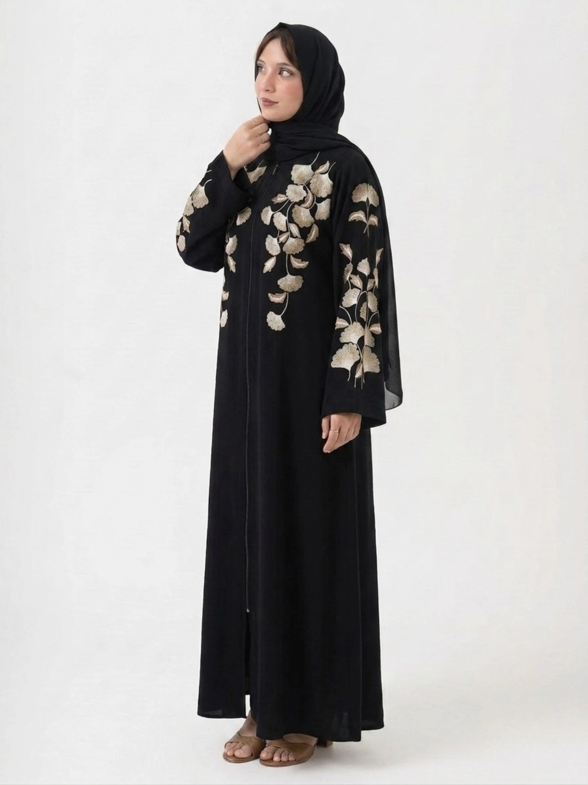 Black Nida Abaya with Computerized Embroidery