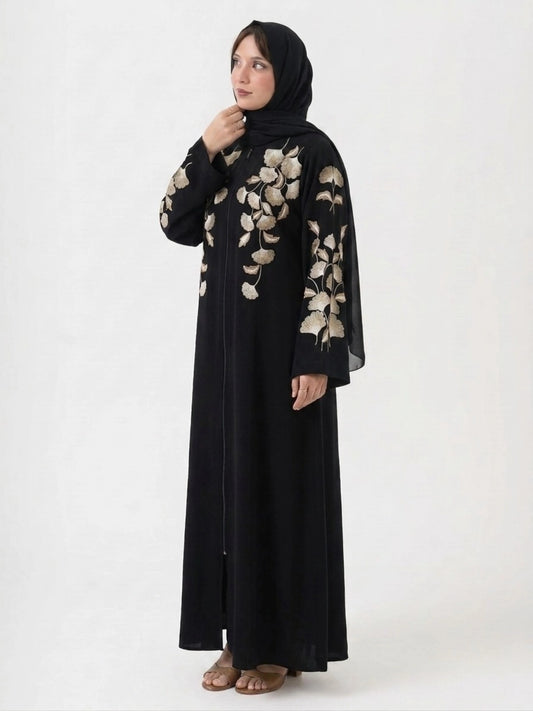 Black Nida Abaya with Computerized Embroidery