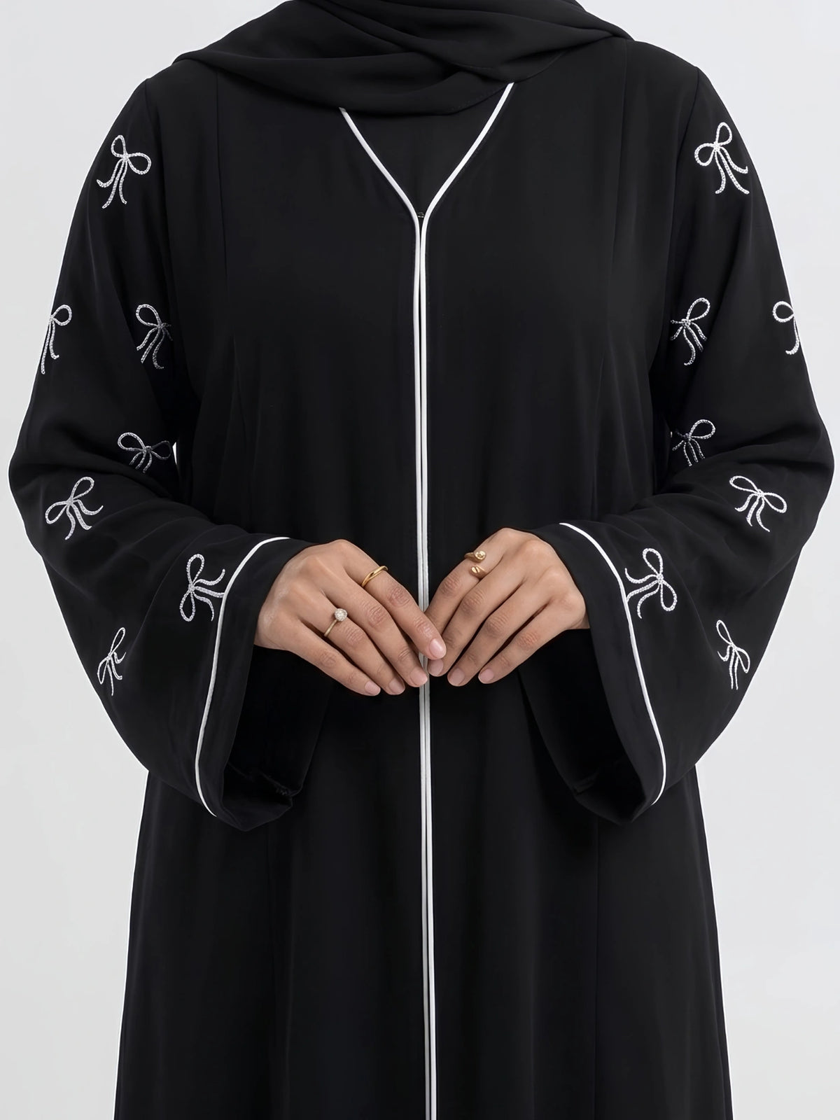 Black Abaya with Bow Embroidery on Sleeves