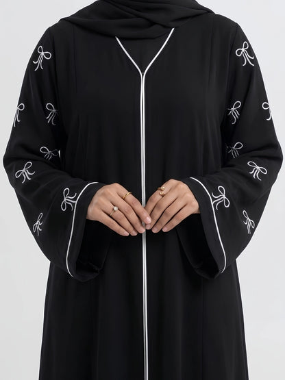 Black Abaya with Bow Embroidery on Sleeves