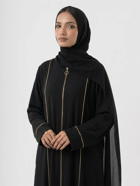 Black Abaya with Beige Piping and Full Zipper