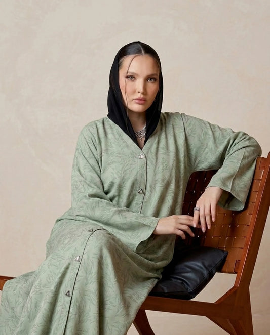 Imported Majestic Printed Green Abaya - Front Open