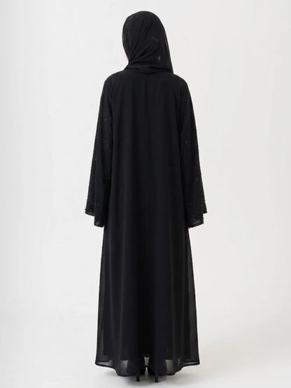 Black Abaya with Beige Piping and Full Zipper