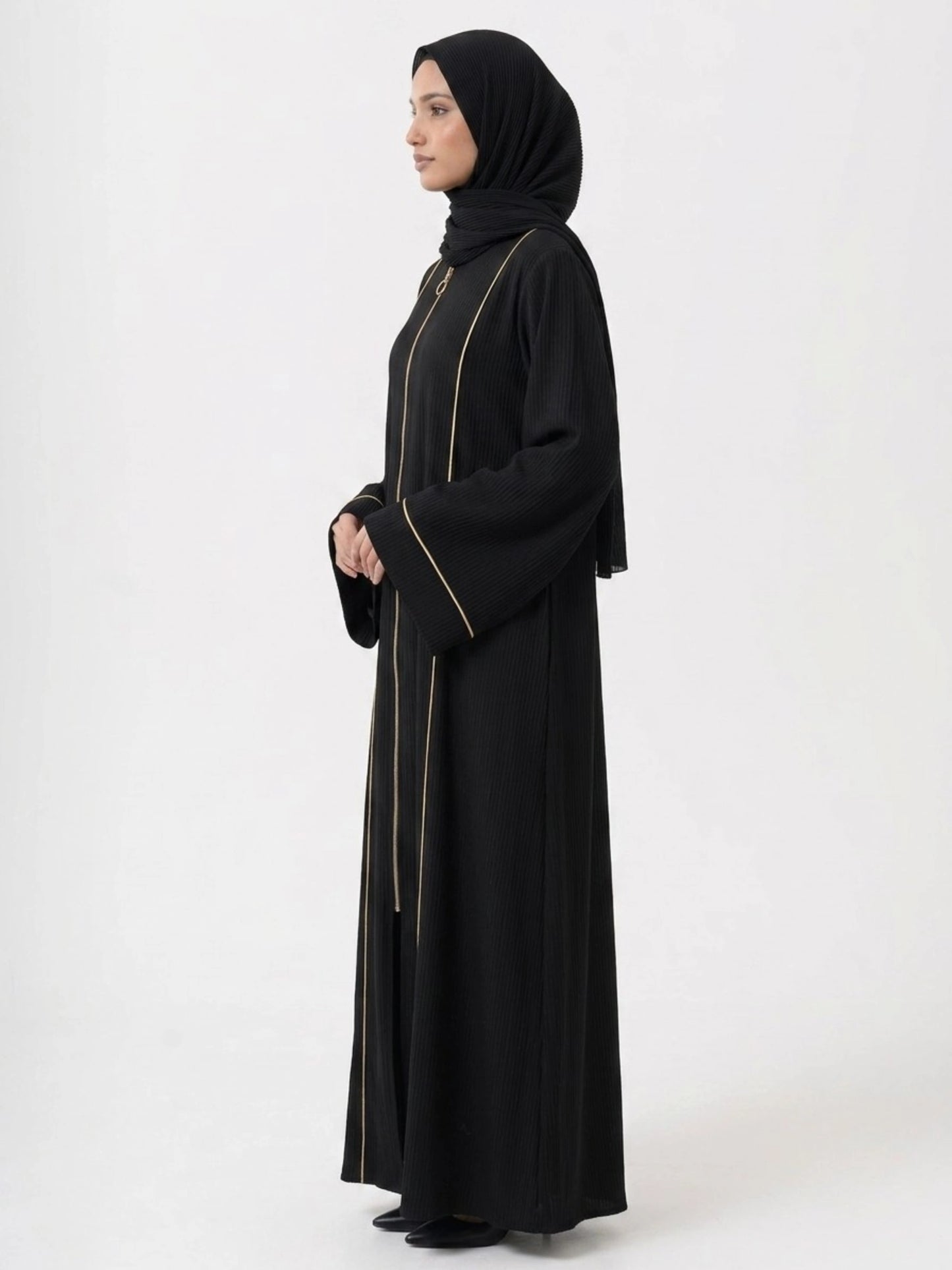 Black Abaya with Beige Piping and Full Zipper