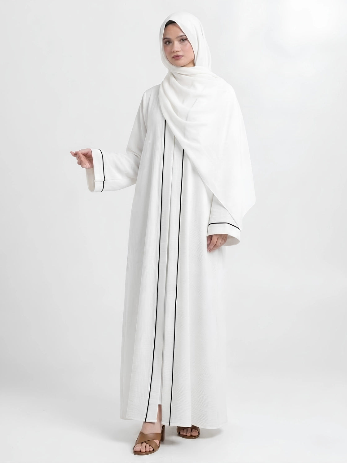 Essential Abaya - White with Black Piping