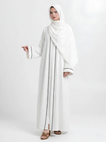 Essential Abaya - White with Black Piping
