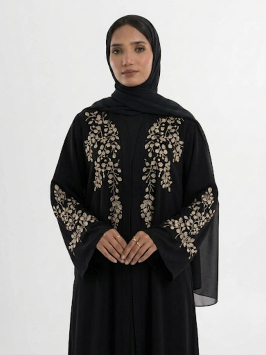 Imported Nida Black Abaya with white embroidery