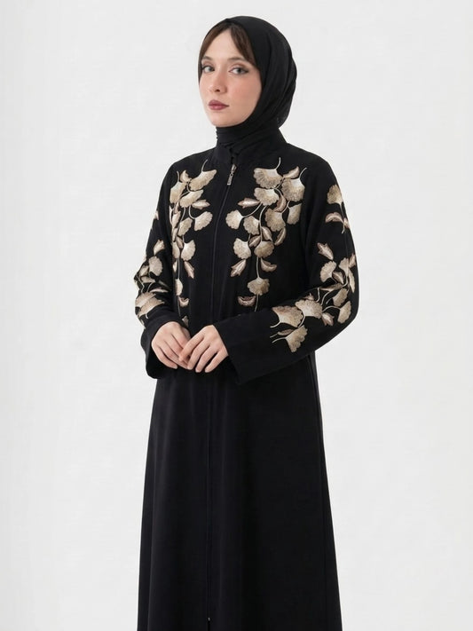 Black Nida Abaya with Computerized Embroidery