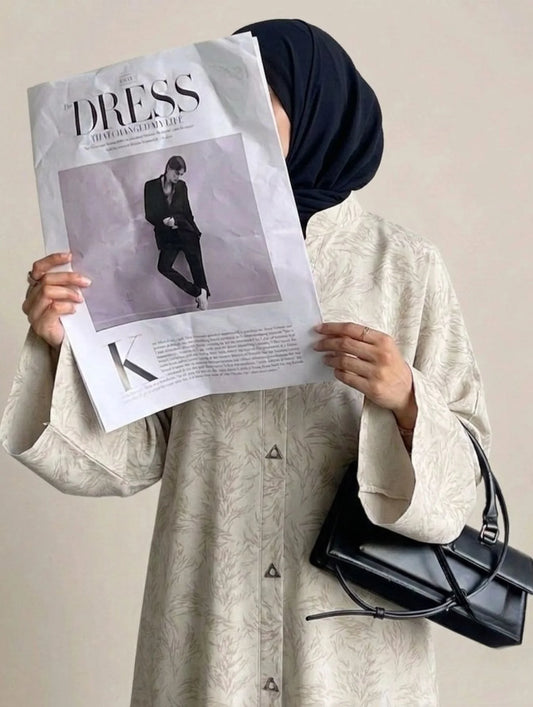 Imported Majestic Printed Off White  Abaya - Front Open
