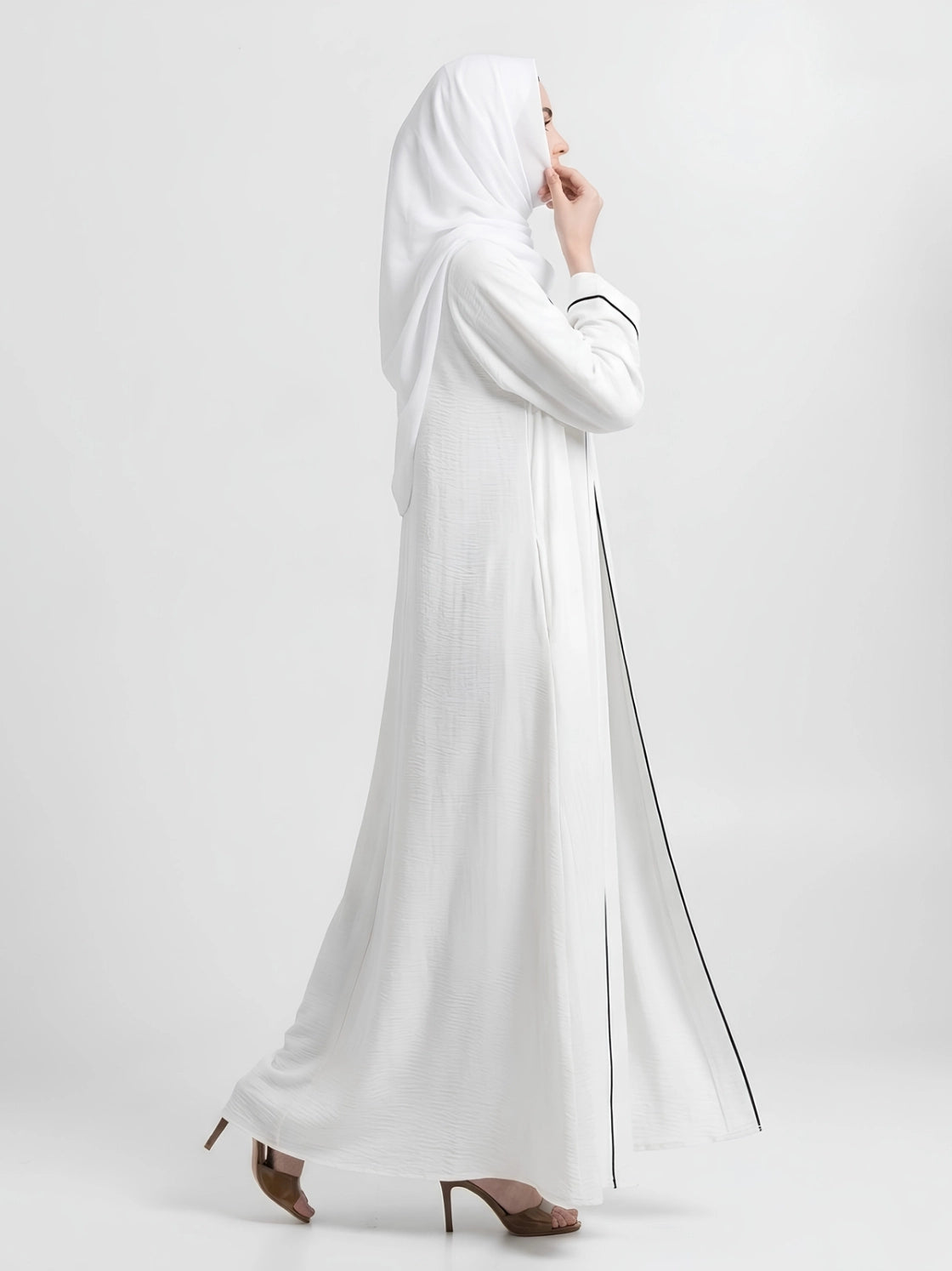 Essential Abaya - White with Black Piping