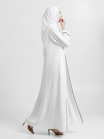 Essential Abaya - White with Black Piping