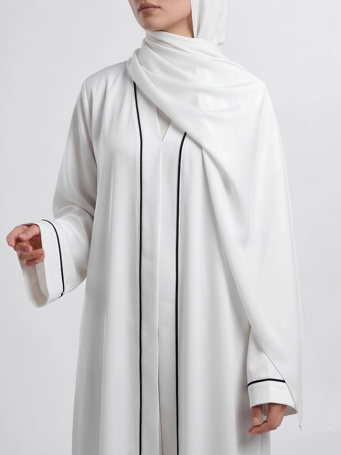 Essential Abaya - White with Black Piping