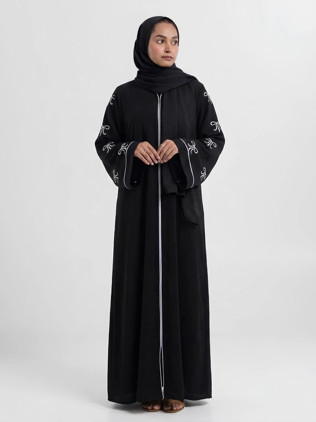 Black Abaya with Bow Embroidery on Sleeves
