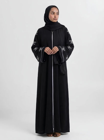 Black Abaya with Bow Embroidery on Sleeves