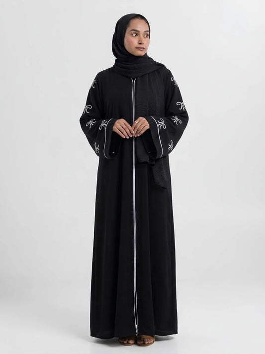 Black Abaya with Bow Embroidery on Sleeves