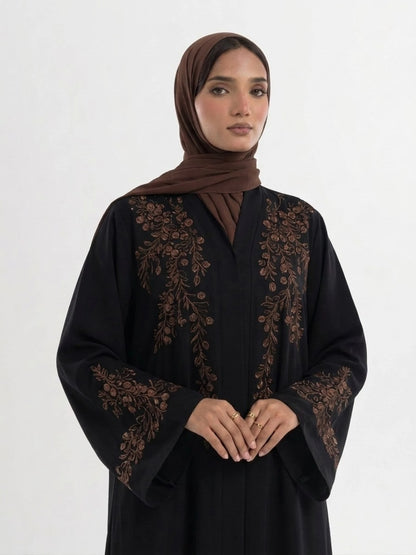 Imported Nida Balck Abaya with maroon embroidery