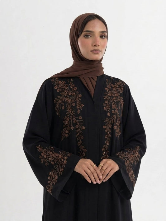 Imported Nida Balck Abaya with maroon embroidery