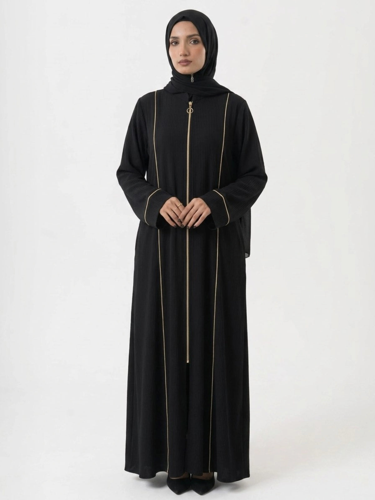 Black Abaya with Beige Piping and Full Zipper