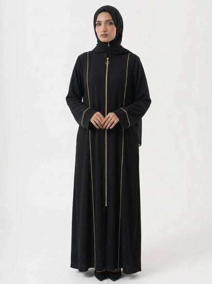 Black Abaya with Beige Piping and Full Zipper
