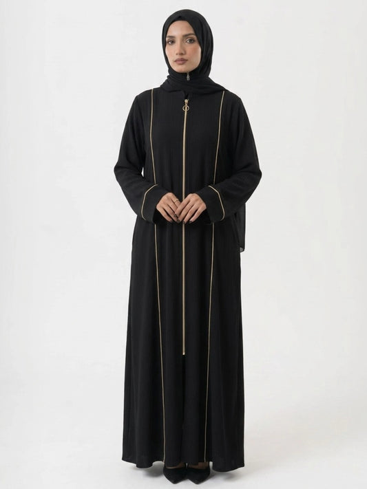 Black Abaya with Beige Piping and Full Zipper