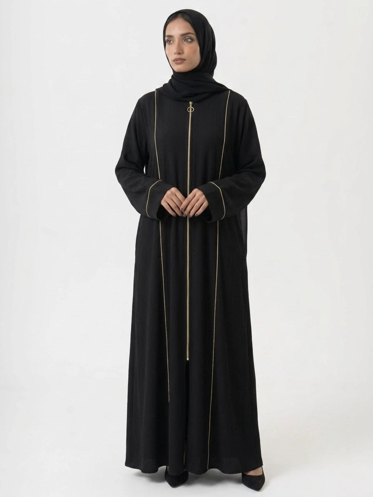 Black Abaya with Beige Piping and Full Zipper