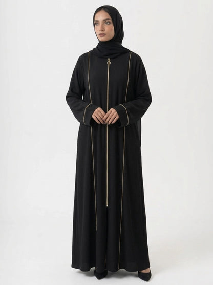 Black Abaya with Beige Piping and Full Zipper