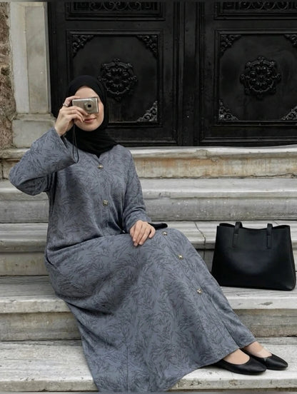 Imported Majestic Printed Light Grey Abaya - Front Open