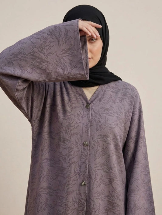 Imported Majestic Printed Wine Abaya - Front Open