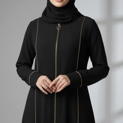 Black Abaya with beige piping and full zipper