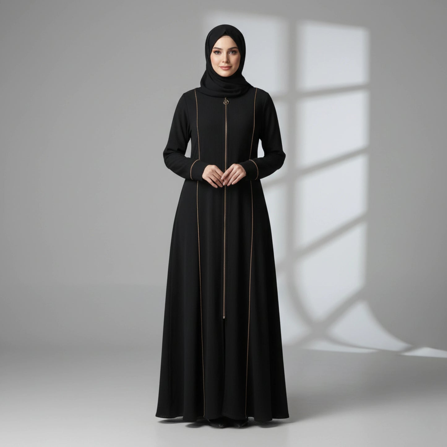 Black Abaya with beige piping and full zipper