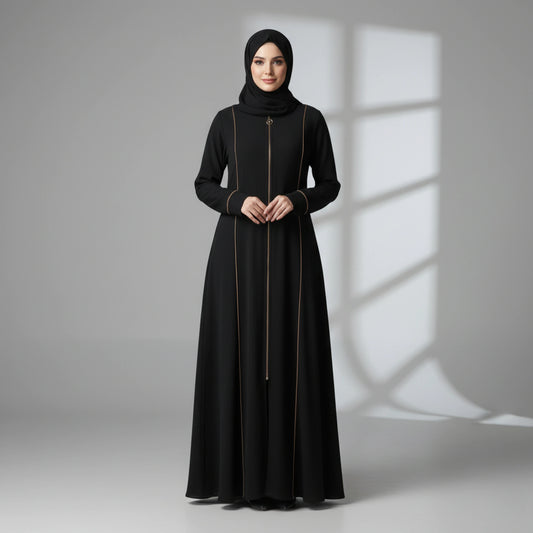 Black Abaya with beige piping and full zipper