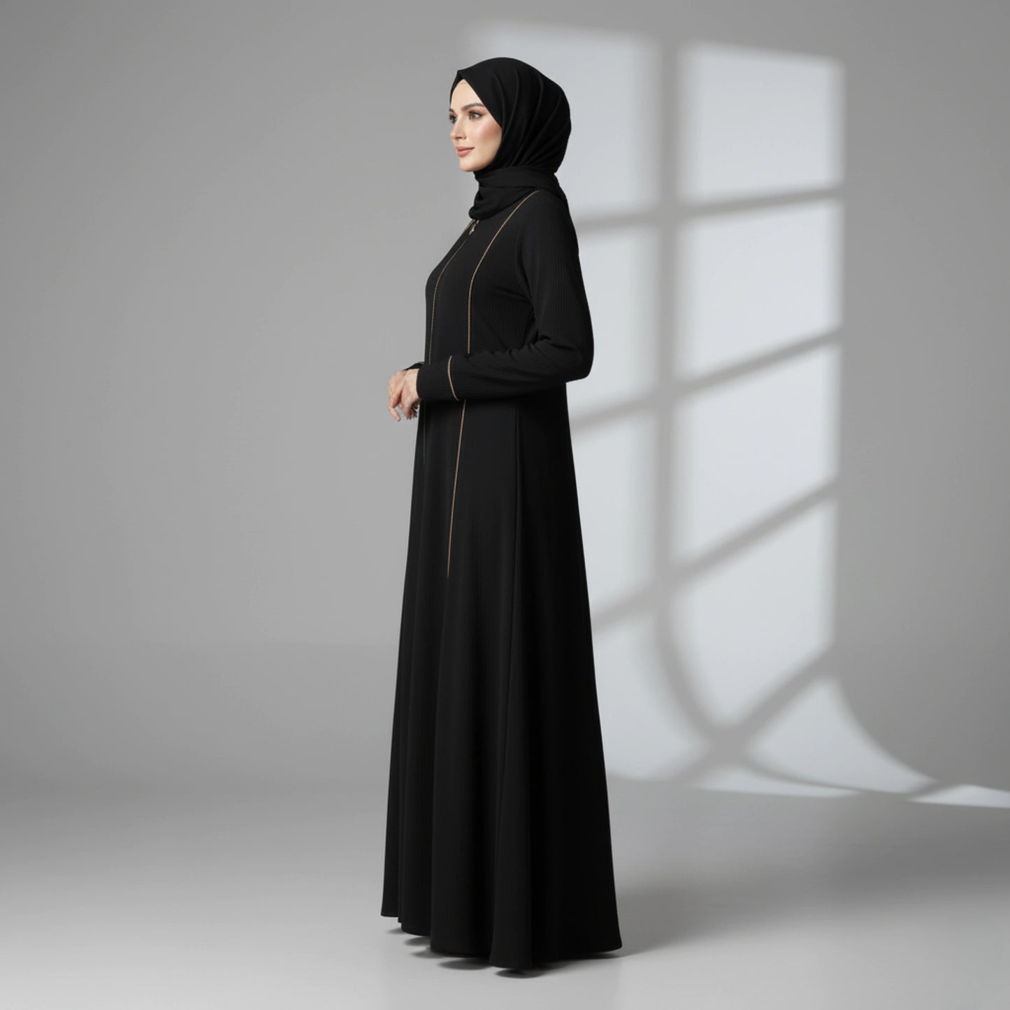Black Abaya with beige piping and full zipper