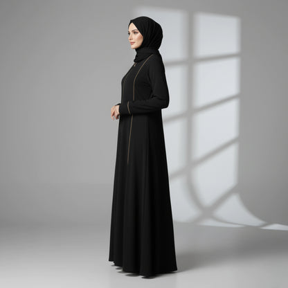 Black Abaya with beige piping and full zipper