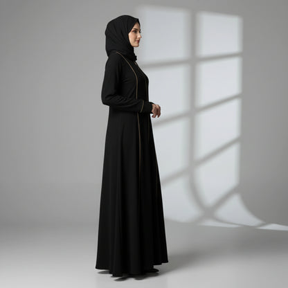 Black Abaya with beige piping and full zipper