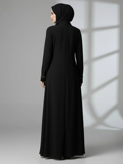 Black Abaya with Beige Piping and Full Zipper