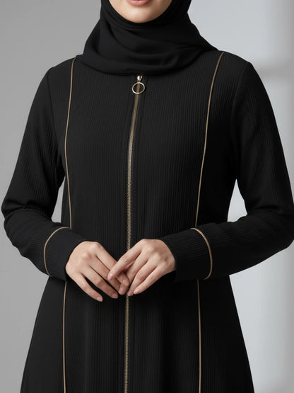 Black Abaya with Beige Piping and Full Zipper