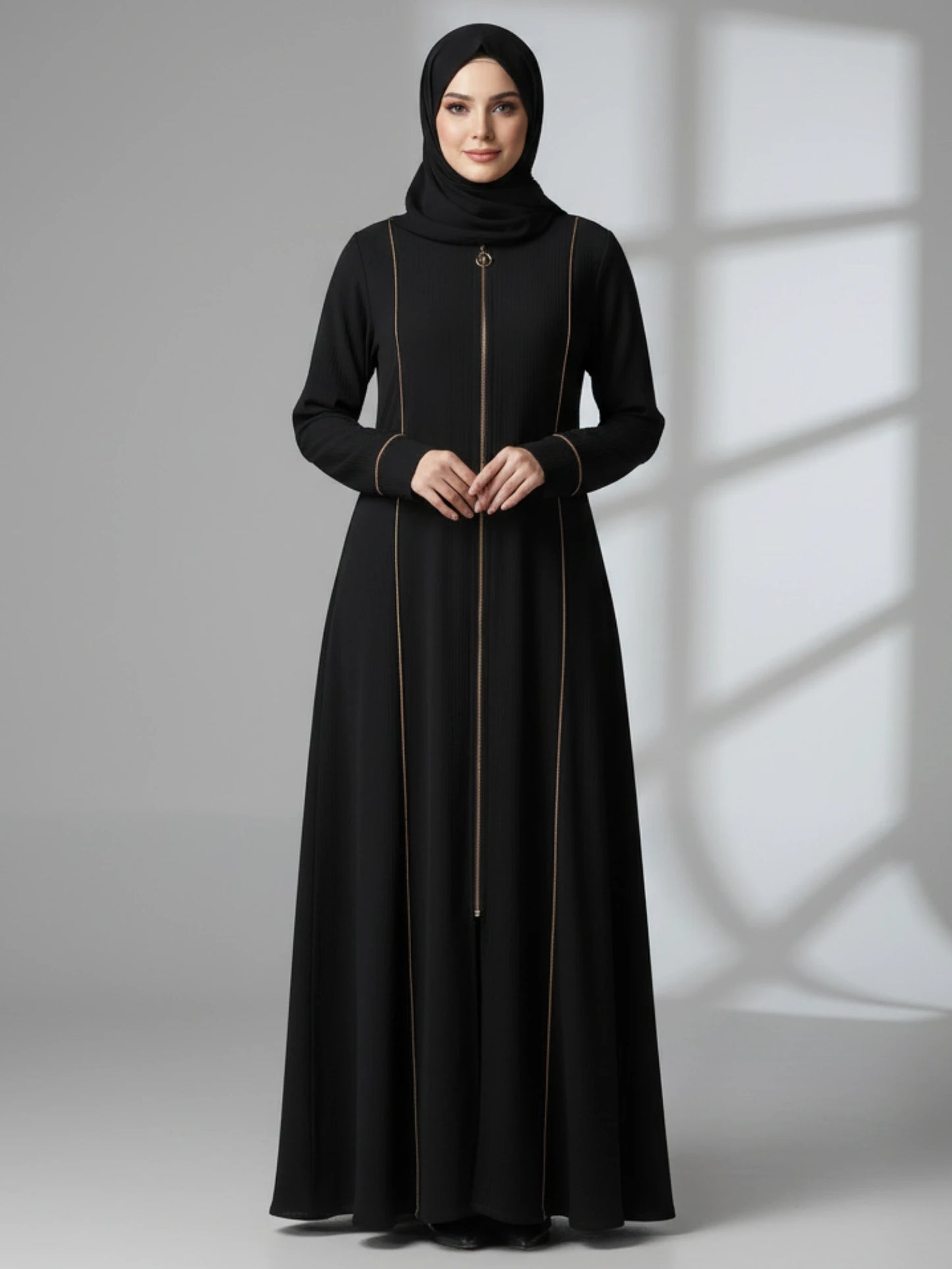 Black Abaya with Beige Piping and Full Zipper