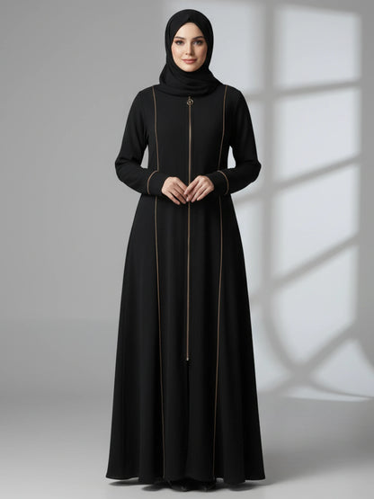 Black Abaya with Beige Piping and Full Zipper