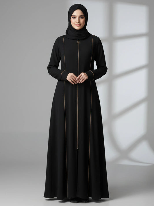 Black Abaya with Beige Piping and Full Zipper