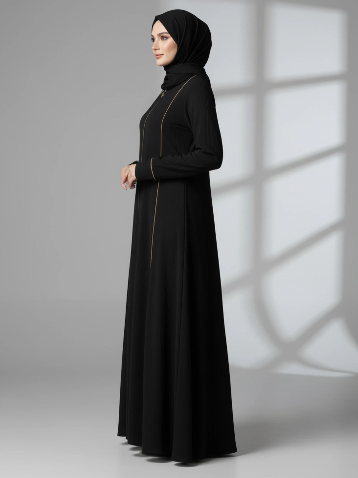 Black Abaya with Beige Piping and Full Zipper